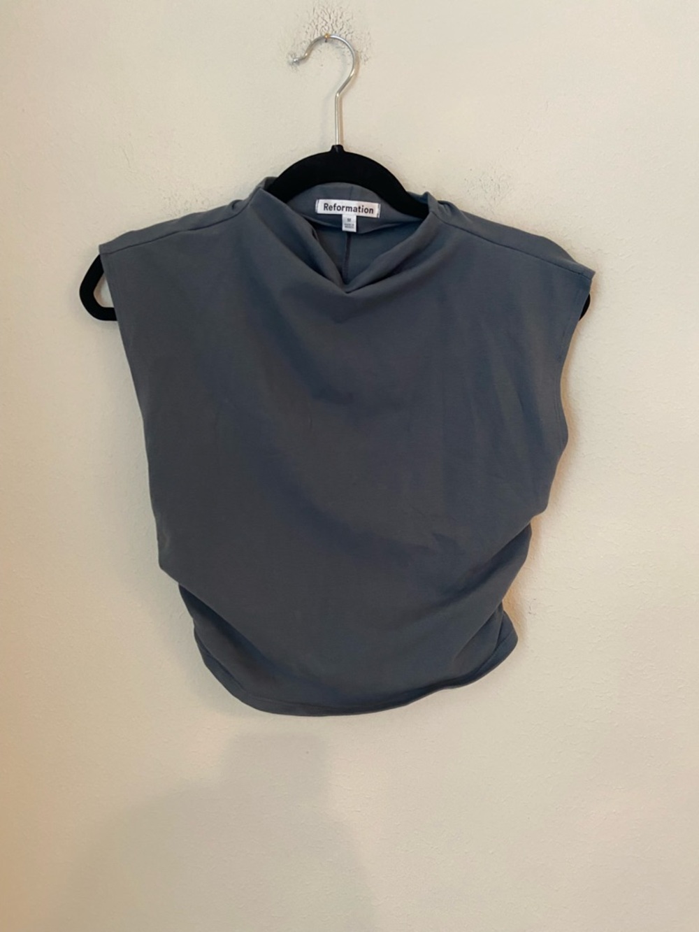 Reformation Blue Gray Organic Cotton Draped Mock Neck Cap Sleeve Top M